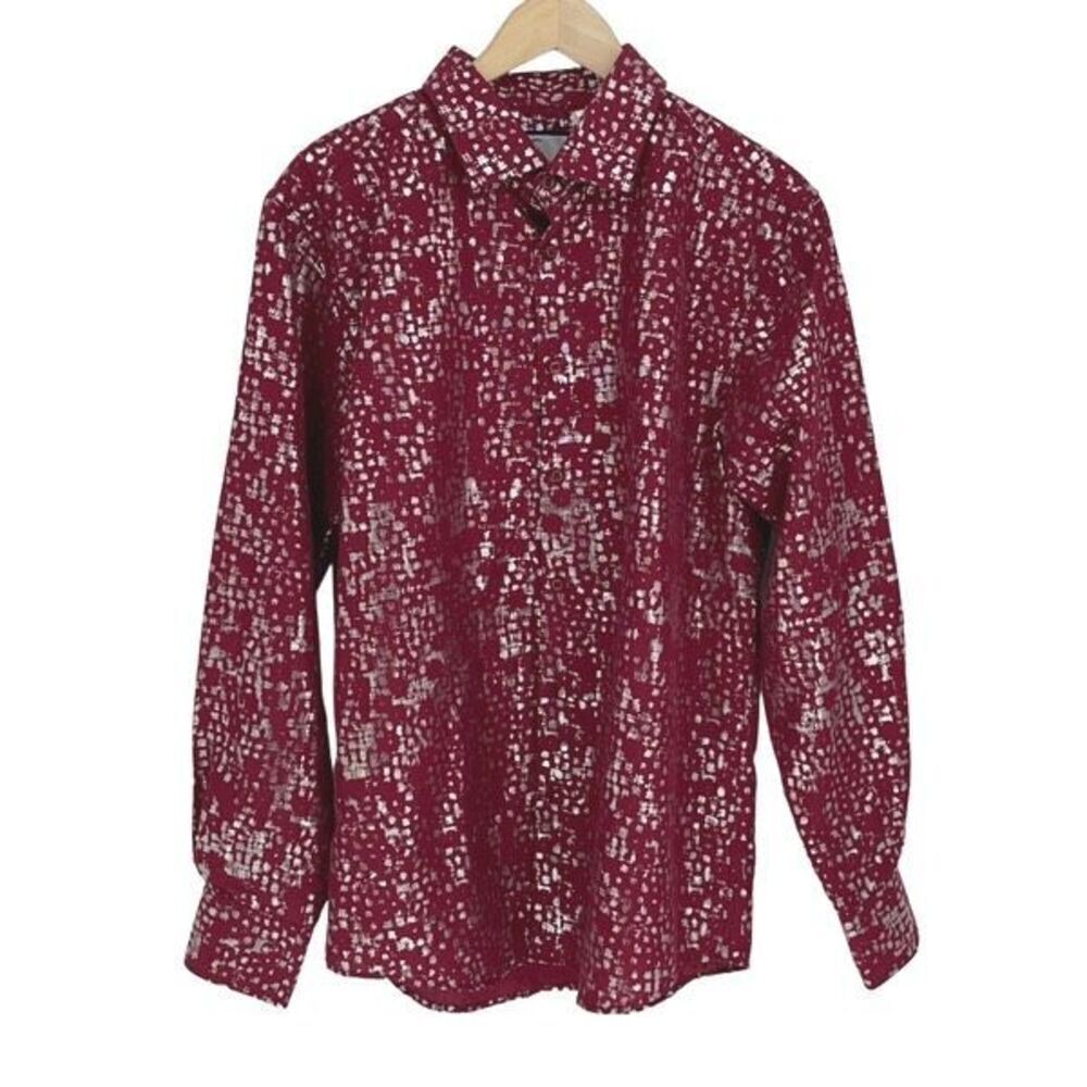 Suslo Couture Mens Spotted Slim Long Sleeve Button-Up Shirt Burgundy Silver Size